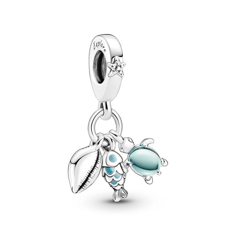 Charm colgante triple pescado, tortuga de mar y concha