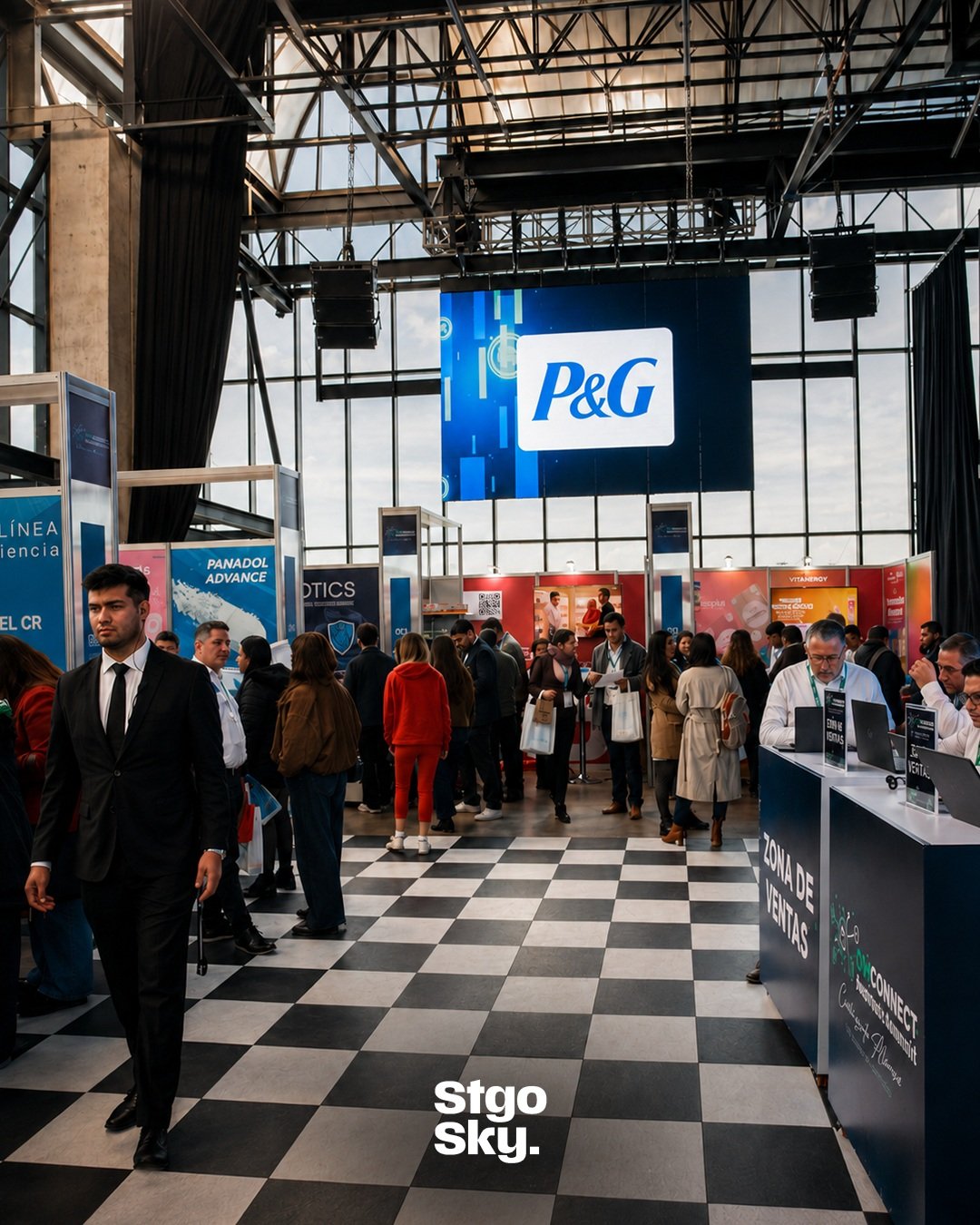 Feria corporativa con stands de marcas en Santiago Sky