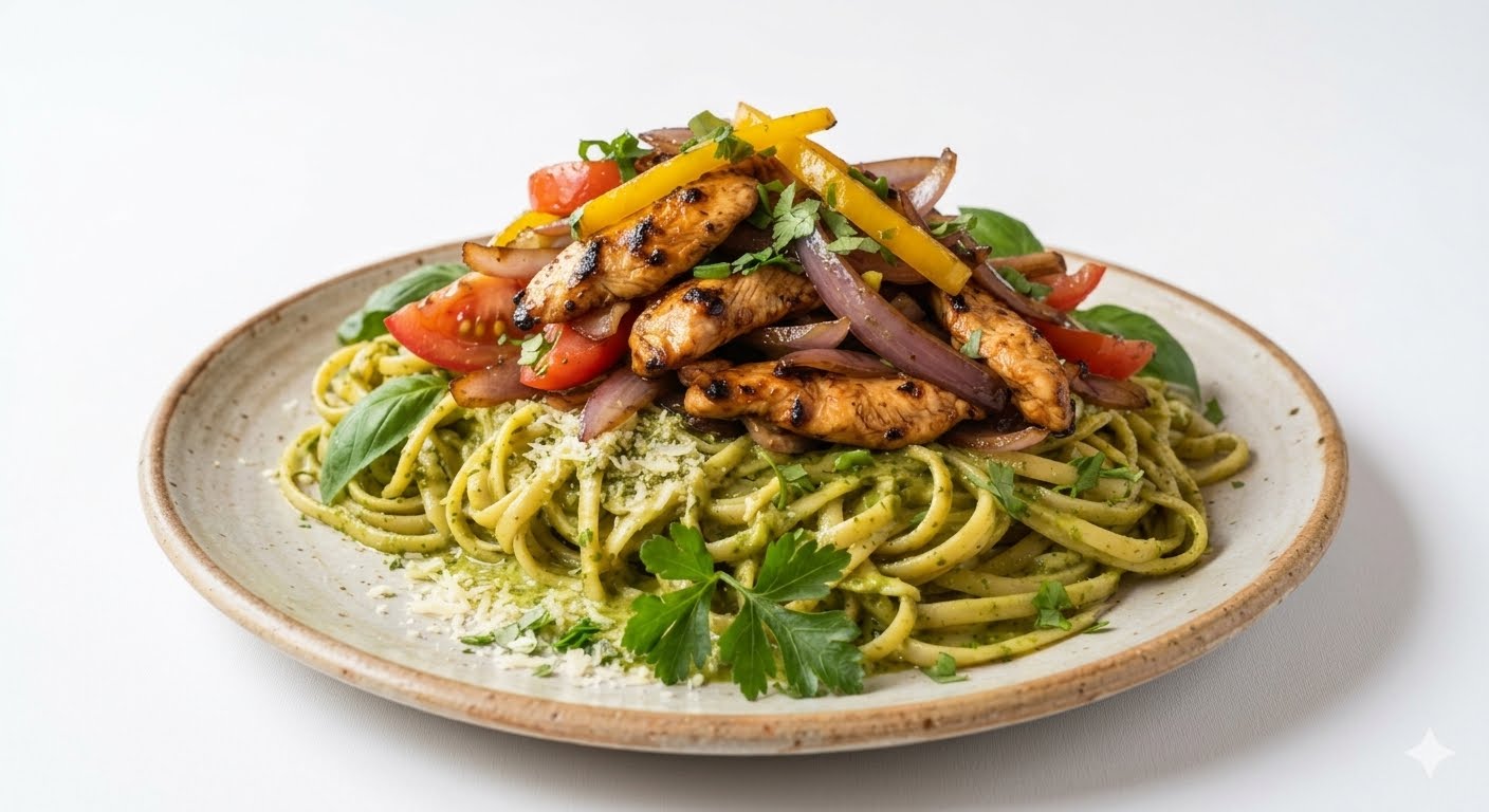 pollo saltado en tallarin al pesto 