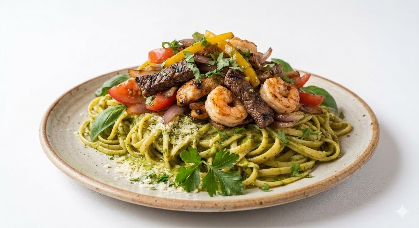 saltado 3 sabores en tallarin al pesto 