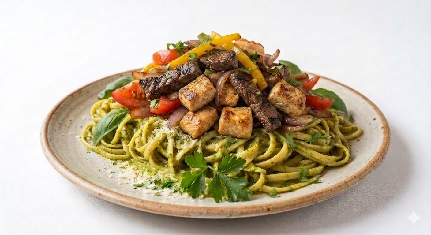 tallarin al pesto con saltado dos sabores