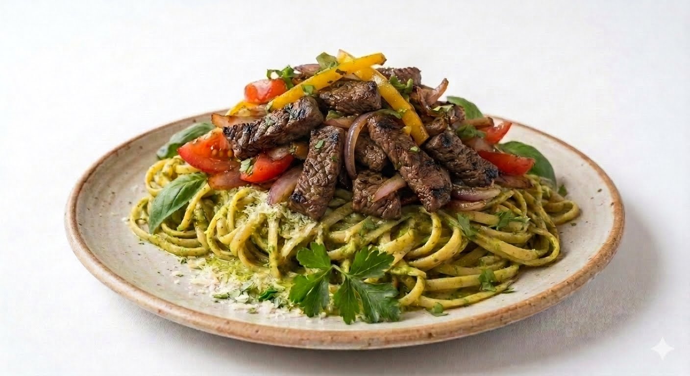 Tallarín pesto con lomo saltado 