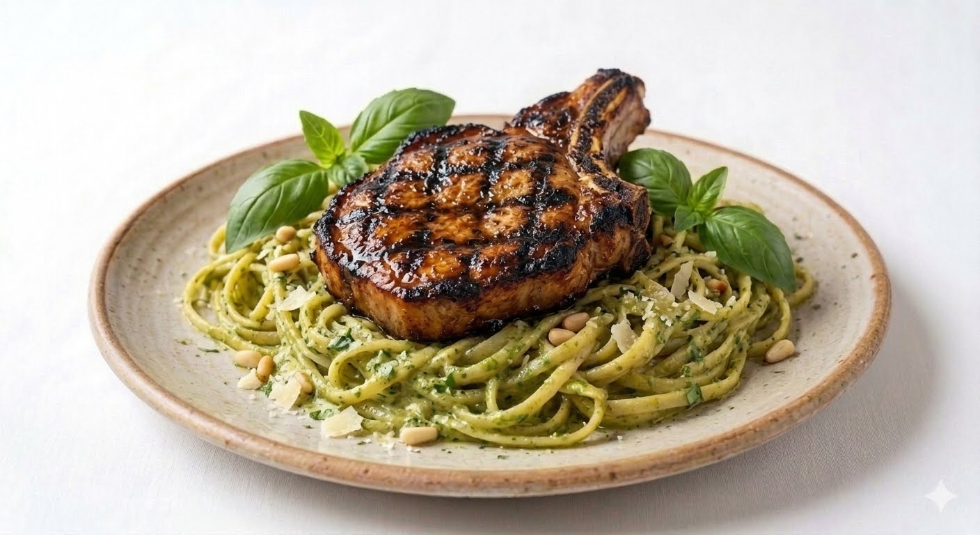 Tallarin pesto con chuleta parrillera 