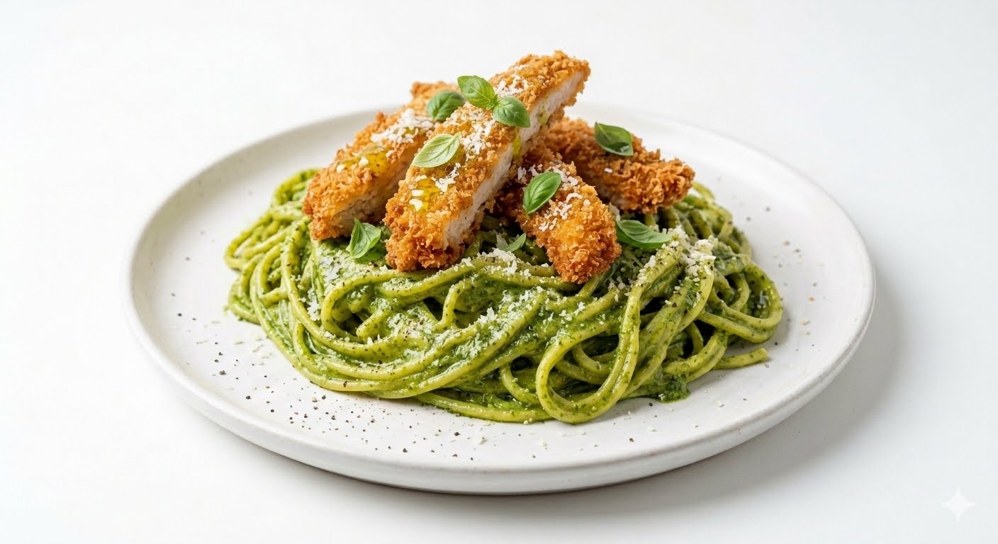 tallarin pesto con pollo crispy
