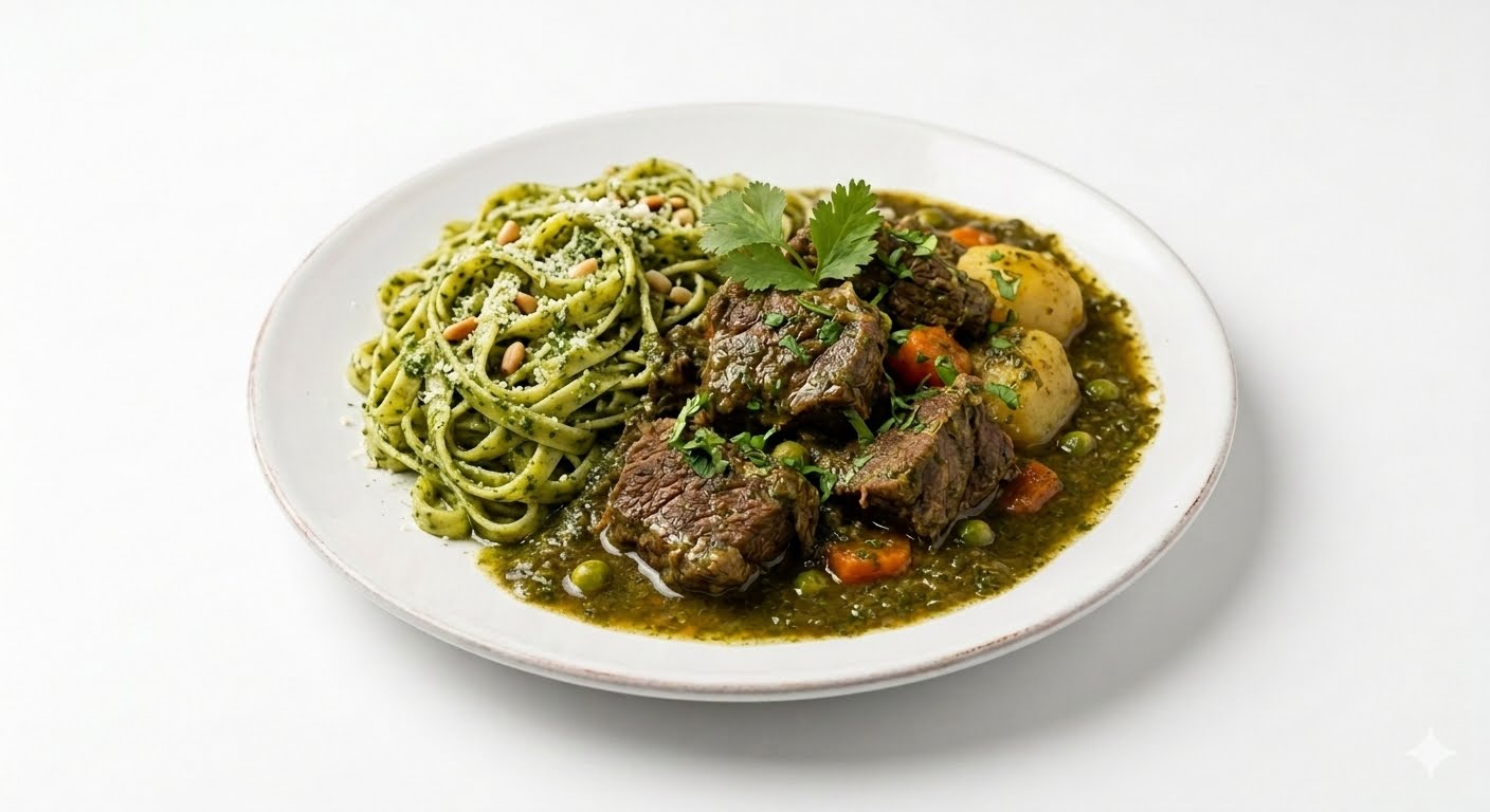 carne al jugo en tallarin al pesto 